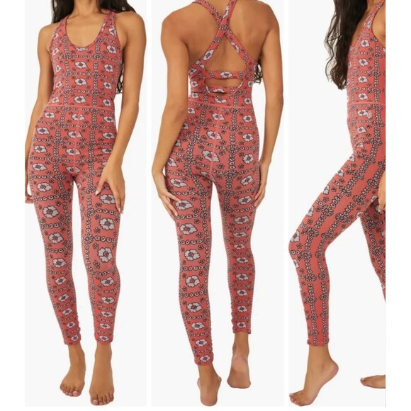 Free People Movement Jumpsuit Free Throw XS Floral Ribbed Retro 70s Free Throw